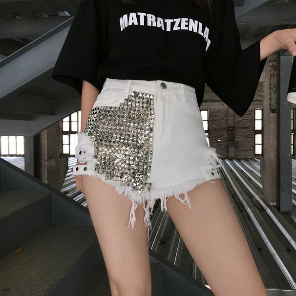 Black Denim High-waisted Shorts For Women, 2023 New BF Style, Unique Rivet Design, Loose Wide-leg, Frayed And Ripped Hot_ecoleips.com
