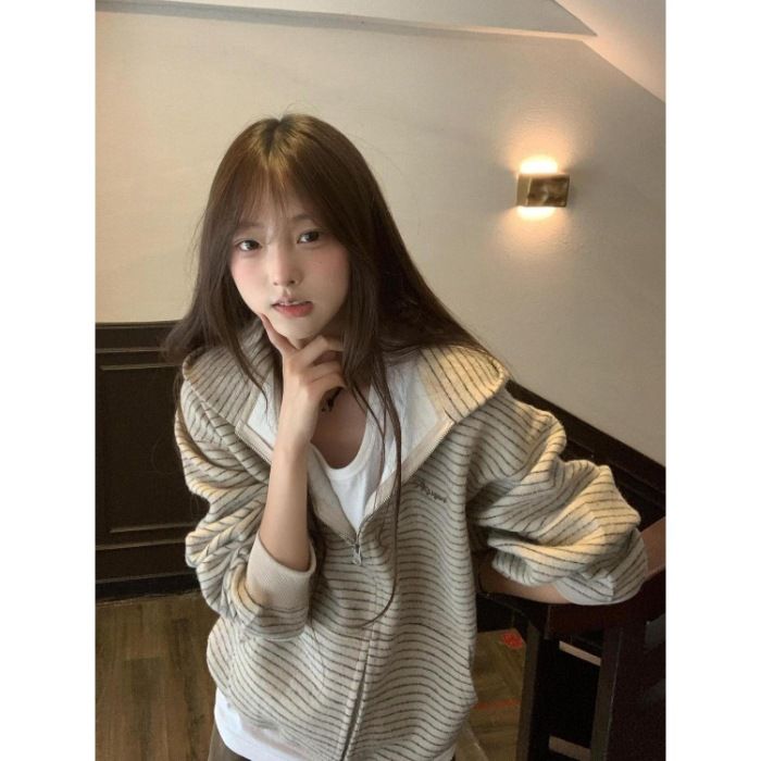 Korean-Style Embroidered Striped Hoodie – Oversized Slim-Fit Zip-Up Sweatshirt For Women (S/M/L/XL, Beige/Black)_ecoleips.com