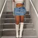 women's american style washed denim mini skirt with lapel rhinestone embroidery light blue lettering_ecoleips.com