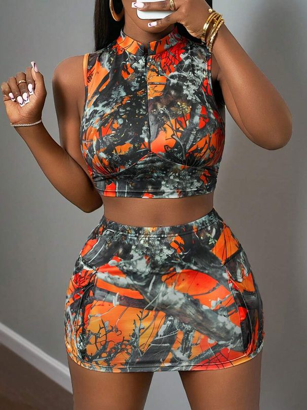 New Branch Print Fashion Short Skirt Two-Piece Set Women's Clothing_ecoleips.com