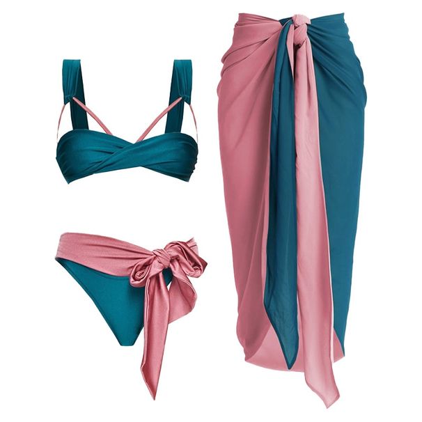 Aria Basics Fashionable Color-blocking Cross-strap Bikini With Pink Waist Accessory, Sexy Two-piece Swimsuit, European And American_ecoleips.com