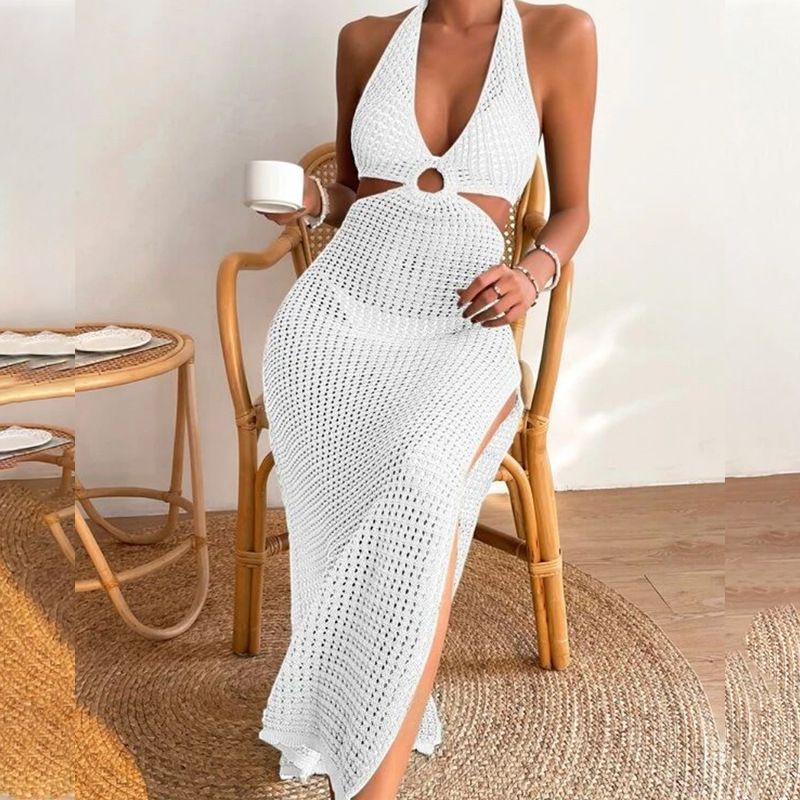 Women’s Clothing Summer New Beach Skirt Women's Solid Color Sexy Knitted Hollow Beach Bikini Swimsuit Cover Up Dress_ecoleips.com