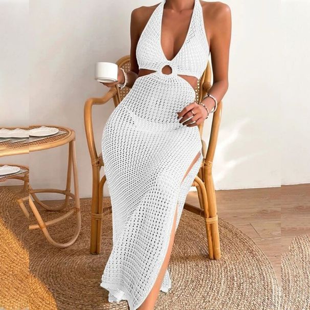 Women’s Clothing Summer New Beach Skirt Women's Solid Color Sexy Knitted Hollow Beach Bikini Swimsuit Cover Up Dress_ecoleips.com
