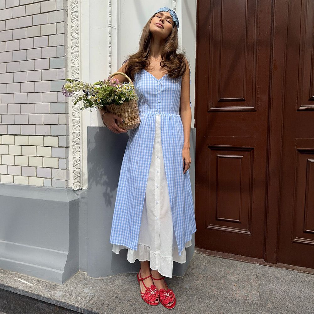 Women's Blue Checkered A-Line Dress With Detachable Straps & Button Front – Summer Staple For Casual & Beach Outings_ecoleips.com