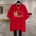 Women's Short Sleeve T-Shirt Irregular round Neck Shoulder Cut Rabbit Print 2024 Summer New Style Trendy Top_ecoleips.com