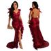 sexy feather suspender high slit sequin backless dress V-neck party nightclub style_ecoleips.com