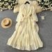 French Style Gentle Embroidered Dress Lantern Sleeve Korean Waist Cinching Belted Mesh A-Line Long Skirt For Elegant Commuting_ecoleips.com