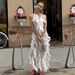 Talenza Ruffled Slit Dress Women's Sexy V Neck See Through Backless Halter Sling Long Dress Female Party Elegant Chiffon Dresses_ecoleips.com