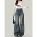 Unique Retro Blue Ripped Wide-leg Jeans For Women, Summer American-style Distressed Loose Straight-leg Pants, Versatile_ecoleips.com