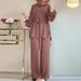 H730 Muslim Women's Solid Color Drawstring Tie Two-Piece Set Round Neck Top Wide-Leg Pants Elegant Ladies Suit_ecoleips.com