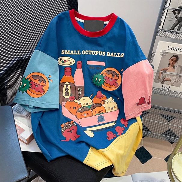 Harajuku Sweet Cartoon Print O-neck T-shirts Y2k E-Girl Patchwork Short Sleeve Tee Shirt Summer New Loose Tops Women Japanese_ecoleips.com