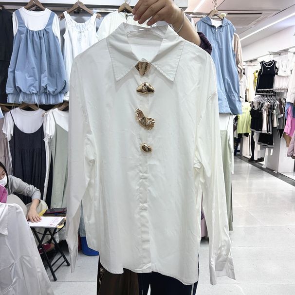 Women's European Style Long Sleeve Shirt Heavy Metal Button Design Loose Fit Versatile Fashionable Top for Spring Autumn_ecoleips.com