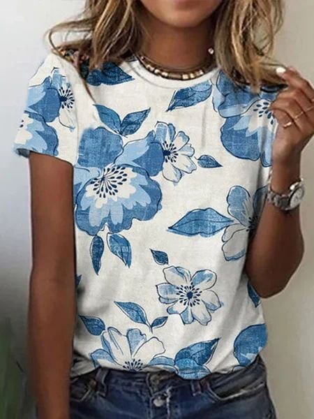 Retro Floral Print Women's T-Shirt Short Sleeve Loose Fit Summer Casual Trendy Printed Clothing for Girls ME15_ecoleips.com