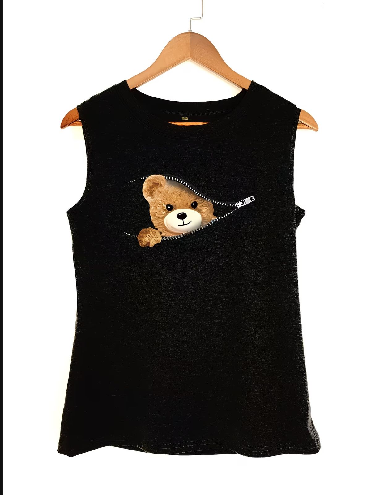 Women's Sleeveless Graphic Bear Print T-Shirt - Soft Polyester Blend, Comfortable & Stylish Summer Top (S-Xxl, Black/Dark Grey)_ecoleips.com