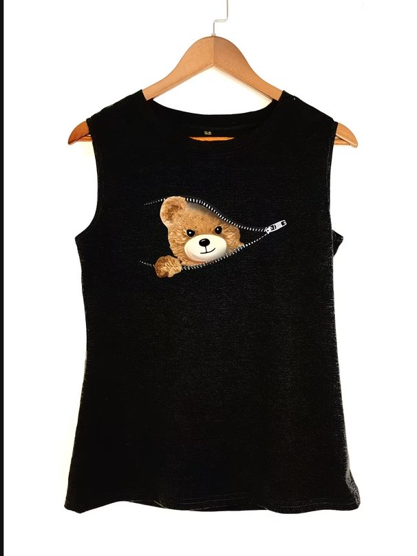 Women's Sleeveless Graphic Bear Print T-Shirt - Soft Polyester Blend, Comfortable & Stylish Summer Top (S-Xxl, Black/Dark Grey)_ecoleips.com