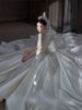 Satin Long Sleeve Wedding Dress – Vintage French V-Neck A-Line Gown With Lace & Corset Back, Flattering For Petite Brides (Spring/Summer, XS-XXL)_ecoleips.com
