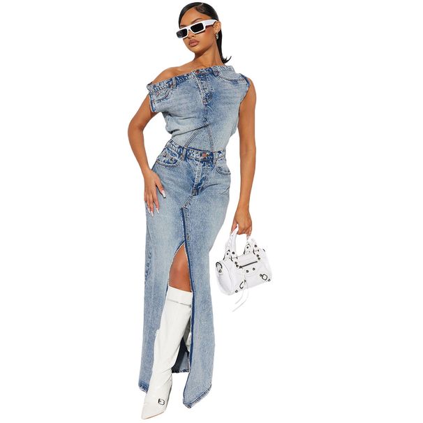 2025 New Women's Casual Solid Color Autumn Winter Split Denim Skirt Two-Piece Set_ecoleips.com