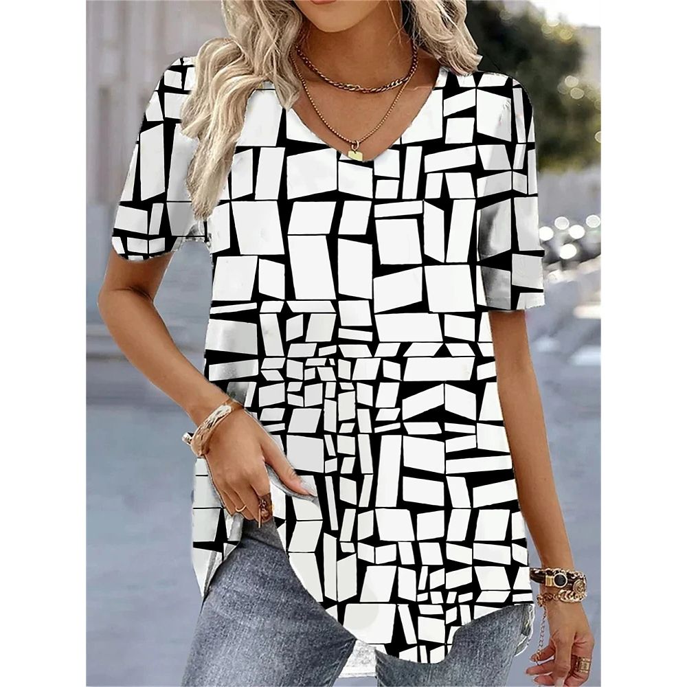 Fashion Woman Blouses 2024 T-shirt Women's 3d Flower Print White Kawaii V-neck T Shirt Female Clothing Oversized Summer Tops Tee_ecoleips.com