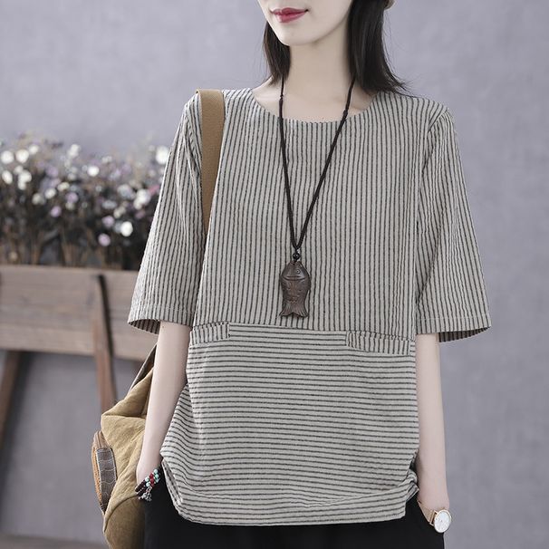 Retro-Style Mid-Length Undershirt; Lightweight Summer Top For Women; Stylish Shirt With A Hood And Loose Fit; Striped De_ecoleips.com