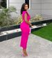 K Women's New Fashionable Short Sleeved Solid Color Pleated Fringed Slim Fit Mid Length Dress_ecoleips.com