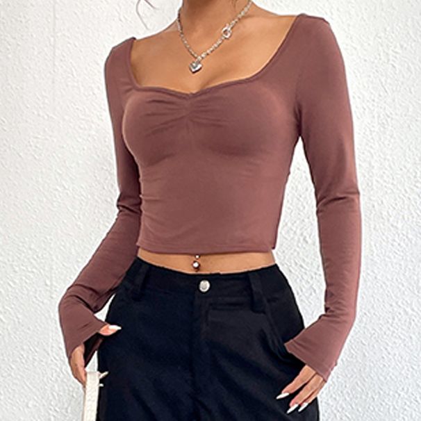 Voya Women's New Slim Fit Slit Sexy Square Neck Long Sleeved Shirt For Temperament And Fashion Top_ecoleips.com