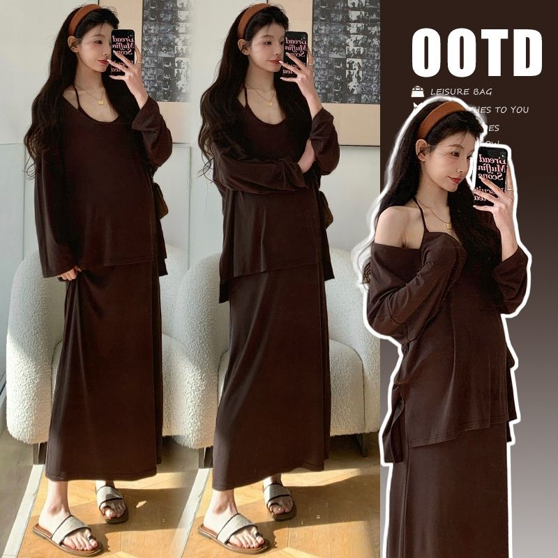 Autumn New Korean Fashion Maternity Dress With Strap + Sun Protection Top Two-Piece Set For Pregnant Women_ecoleips.com