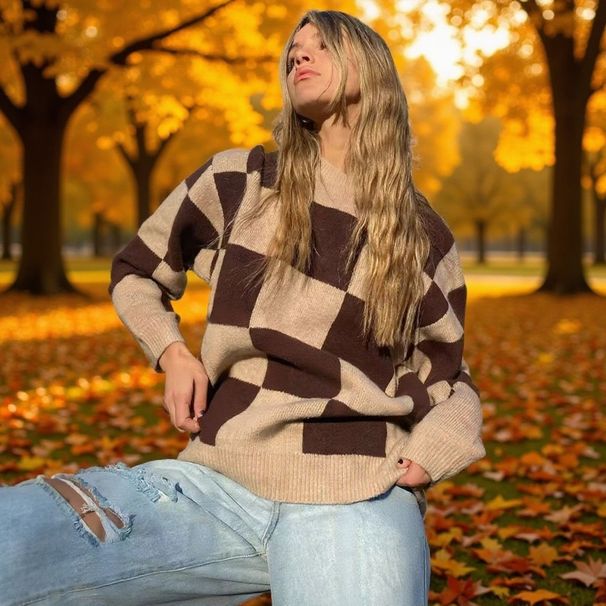 Aria Basics Aria Basics 2026 European American Winter New Style Elegant And Fashionable Round Neck Long Sleeve Checkered Loose Knit Sweater For_ecoleips.com