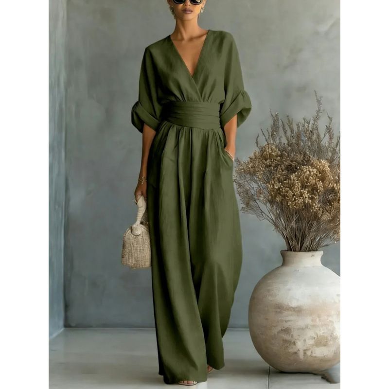 Elegant V-Neck Waist-Defining Jumpsuit For Women - Chic Wide-Leg Romper With Ruffle Detail Flattering V-Neckline_ecoleips.com