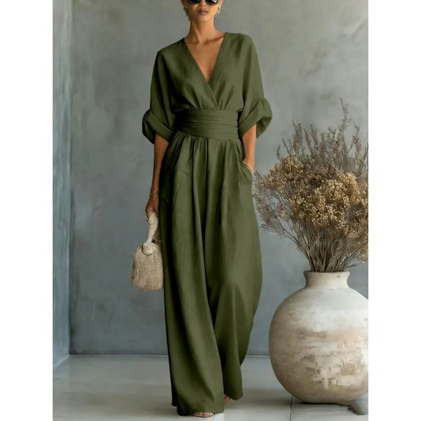 Elegant V-Neck Waist-Defining Jumpsuit For Women - Chic Wide-Leg Romper With Ruffle Detail Flattering V-Neckline_ecoleips.com