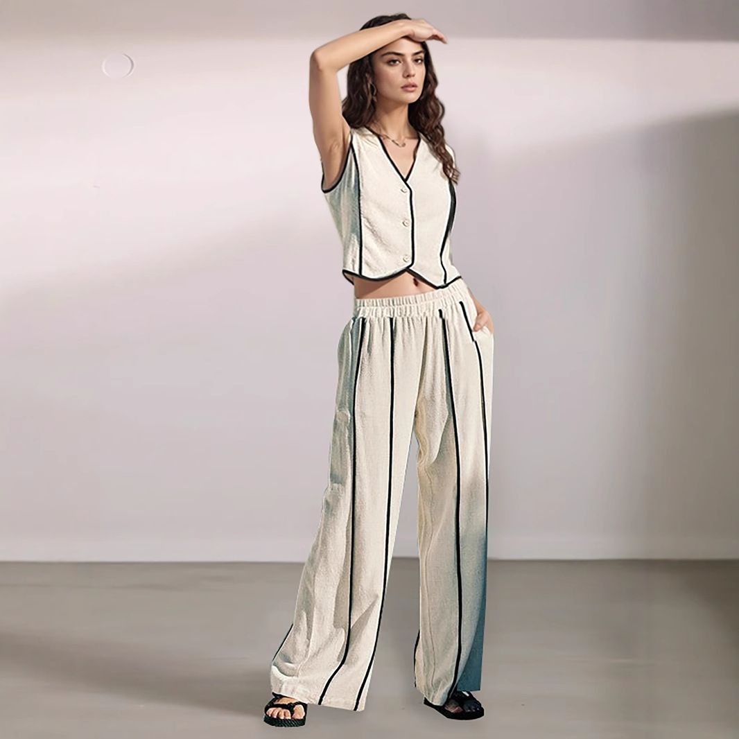 Women's Clothing Spring And Summer New Products Women's Striped Suit Sleeveless Vest Set Loose Wide Leg Trousers Two Piece Suit_ecoleips.com