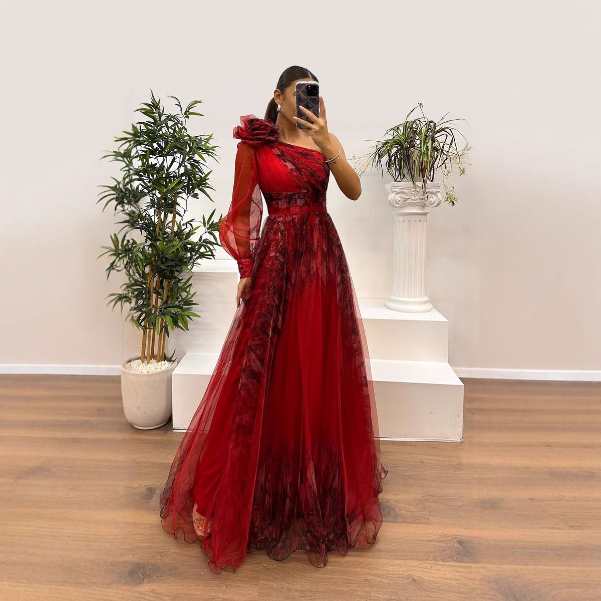 Women's Oblique Shoulder Mesh Print Dress Casual Loose Party Wear For Spring And Autumn_ecoleips.com