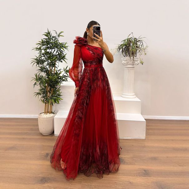Women's Oblique Shoulder Mesh Print Dress Casual Loose Party Wear For Spring And Autumn_ecoleips.com