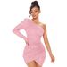 Sexy One-Shoulder Sequin Party Dress For Women - Glamorous Bodycon Midi Dress With Asymmetrical Hemline (Pink/Blue, S/M/L/Xl/Xxl)_ecoleips.com