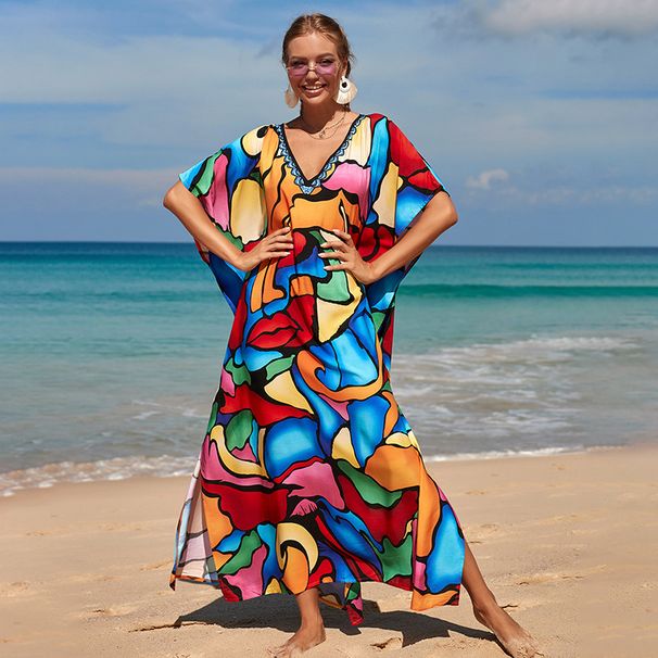 Women's 100% Cotton Beach Cover Up Dress - Boho Print Sun Shirt, Loose Fit Swimwear Cover Up, Vacation Long Sleeve Tunic For Pool_ecoleips.com