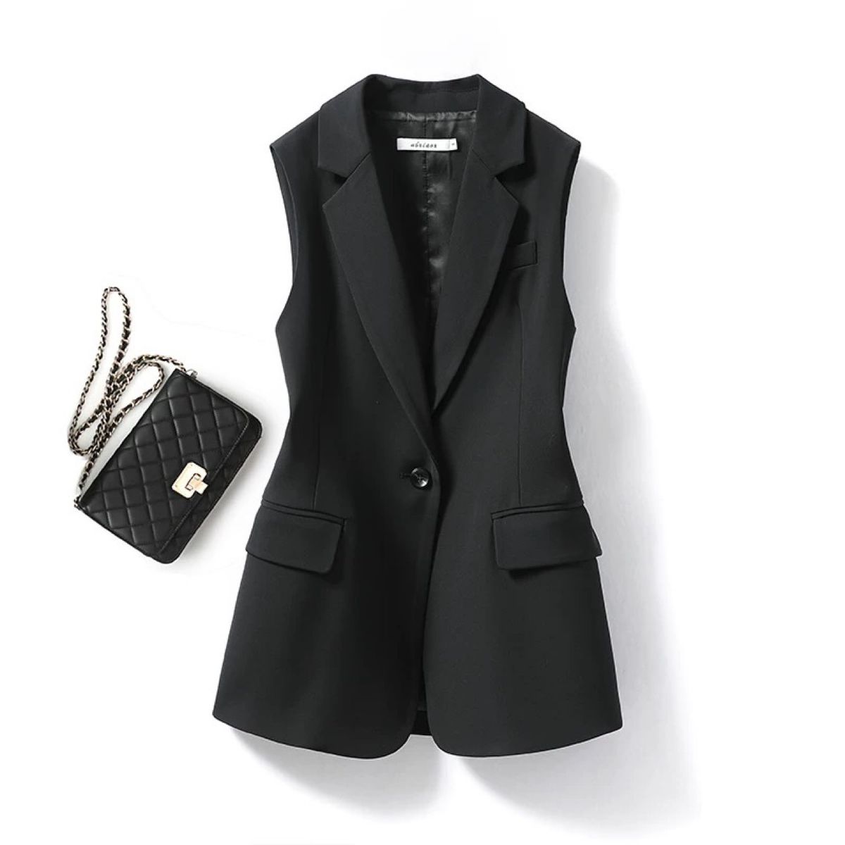 Women's Solid Black Suit Collar Vest Button down Elegant Commuter Outerwear for Spring And Autumn_ecoleips.com
