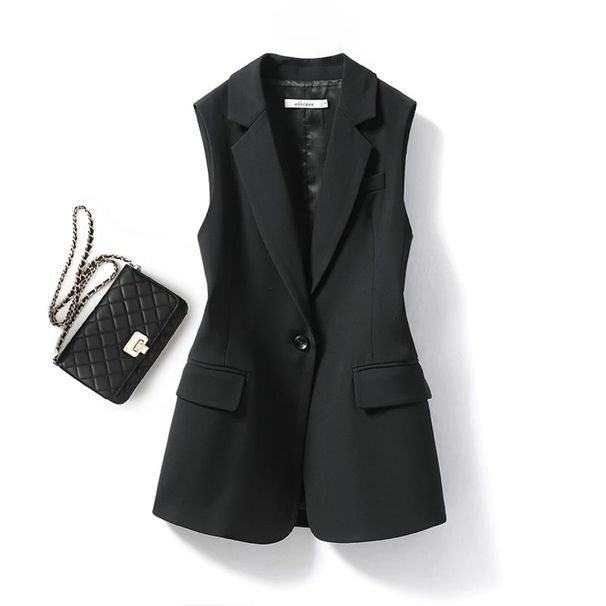Women's Solid Black Suit Collar Vest Button down Elegant Commuter Outerwear for Spring And Autumn_ecoleips.com