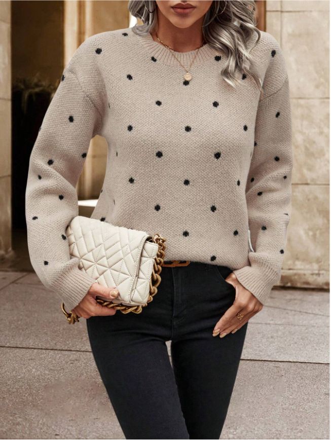 European And American Cross-Border Trade Fashion Round Neck Long Sleeve Pullover Sweater Women's Polka Dot Jacquard_ecoleips.com