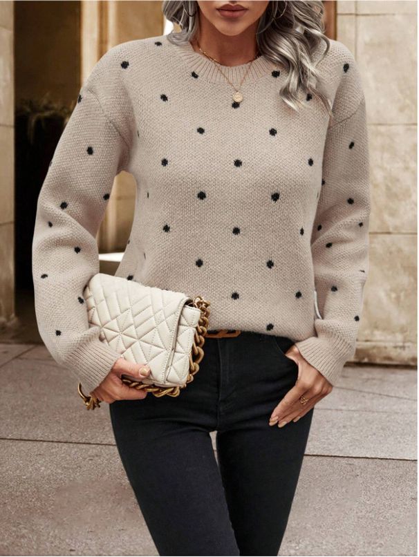 European And American Cross-Border Trade Fashion Round Neck Long Sleeve Pullover Sweater Women's Polka Dot Jacquard_ecoleips.com