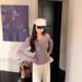 girl Zhen Daini Gray Purple Cross V-neck Knitted Base Shirt For Women, Autumn Collarbone Slimming Sweater, Off-shoulder Top_ecoleips.com