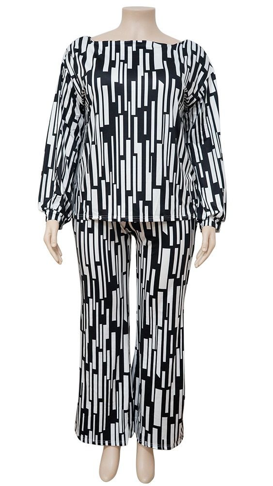 K European And American Plus Size Women's Striped Printed Slanted Long Sleeves, Loose Shoulder Casual Suit, Extra Large Size_ecoleips.com