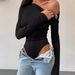 Chic Off-Shoulder Long Sleeve Bodysuit With Tie Detail - Stretchy High-Waisted Jumpsuit For Women, Black_ecoleips.com