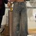 Vintage Distressed Denim Jeans - Rhinestone Embellished Wide-Leg Pants With Raw Hem For Women_ecoleips.com