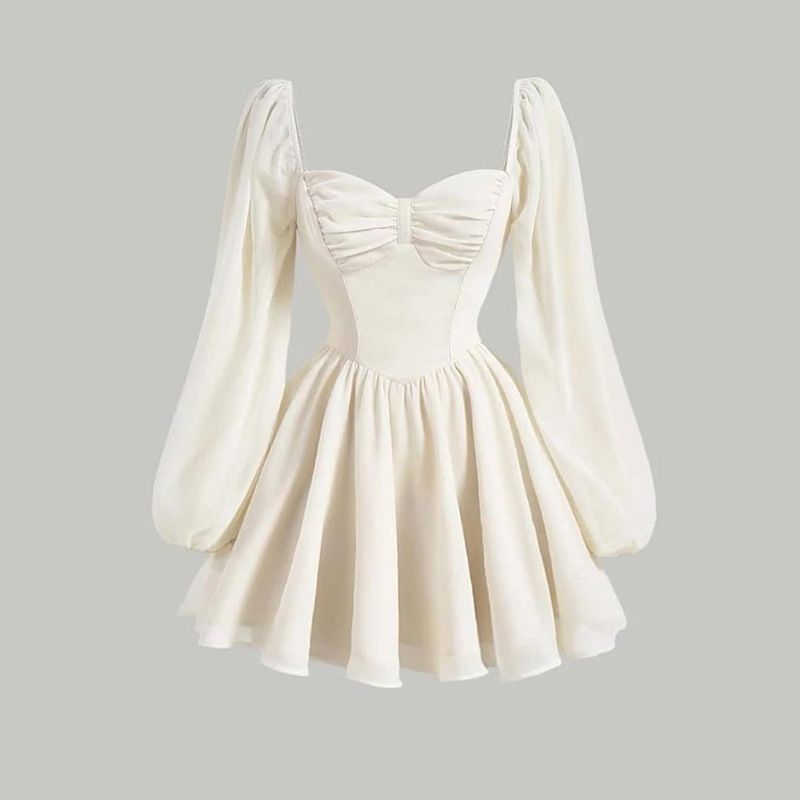 Women's Clothing Summer New Temperament Square Collar High Waist Slim Bubble Sleeve A Short Dress_ecoleips.com