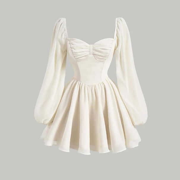 Women's Clothing Summer New Temperament Square Collar High Waist Slim Bubble Sleeve A Short Dress_ecoleips.com