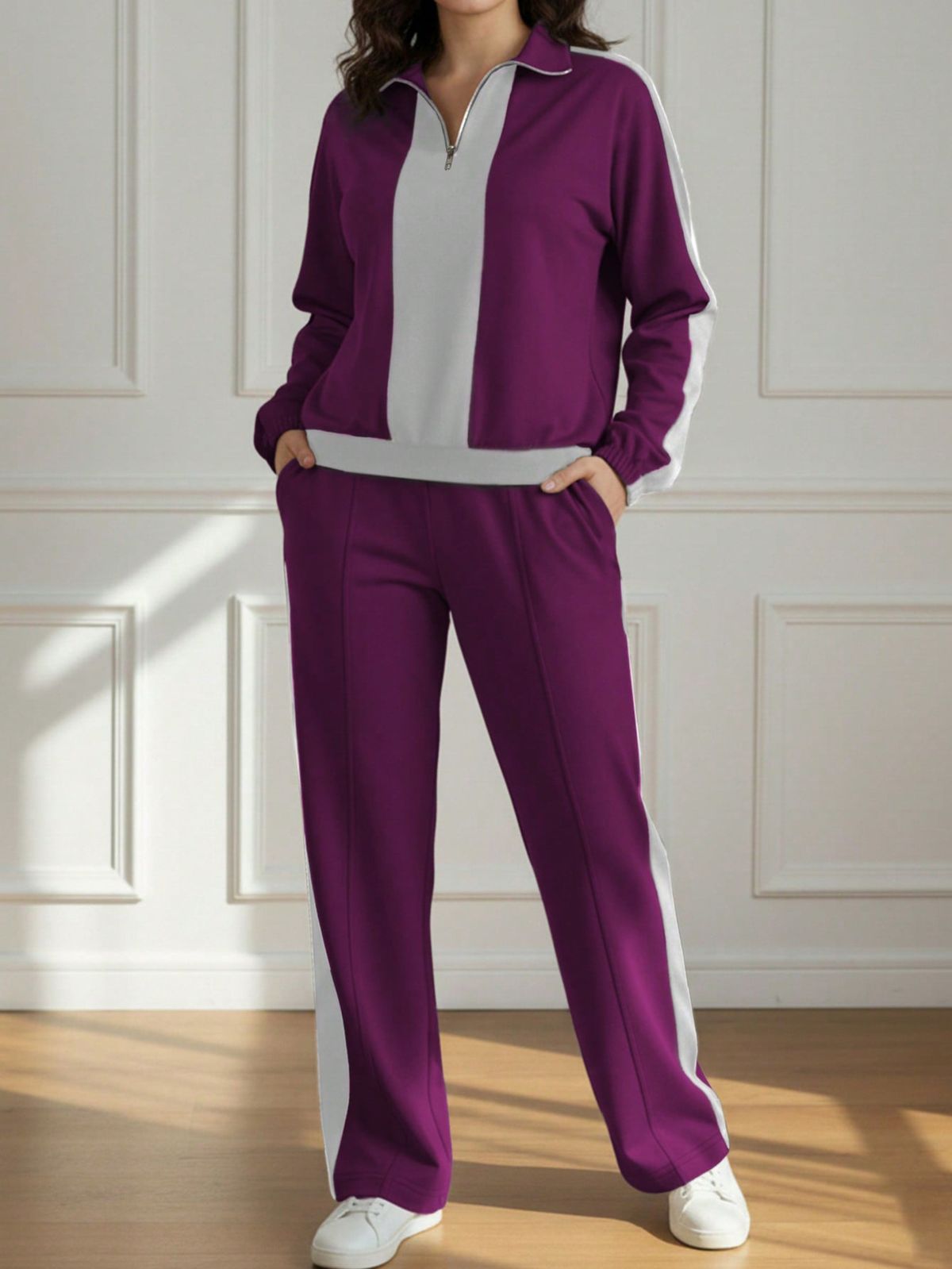 Women's Two-Piece Athletic Set Casual Long Sleeve Color Block Sweatshirt And Straight Leg Pants For Fall Winter Comfort_ecoleips.com