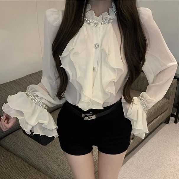 Sexy Purely Alluring Long-Sleeve Shirt Heavy Diamond Embellishments For Women, 2026 Spring And Autumn, Elegant Design_ecoleips.com