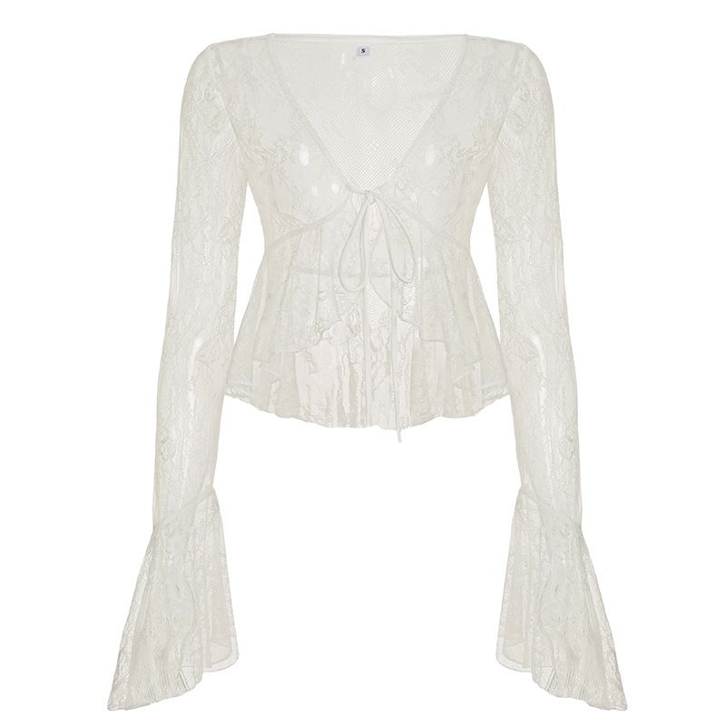 Solid Color Lace Sheer Ruffle V-Neck Flared Sleeve Blouse High Waist Straight Long Skirt Sexy Fashion Set For Women_ecoleips.com