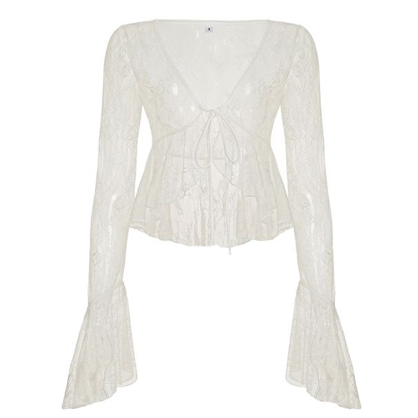Solid Color Lace Sheer Ruffle V-Neck Flared Sleeve Blouse High Waist Straight Long Skirt Sexy Fashion Set For Women_ecoleips.com