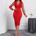 Women's Clothing Solid Color V Neck Mesh Long Sleeve Solid Color Elegant Slim Hip Dress_ecoleips.com