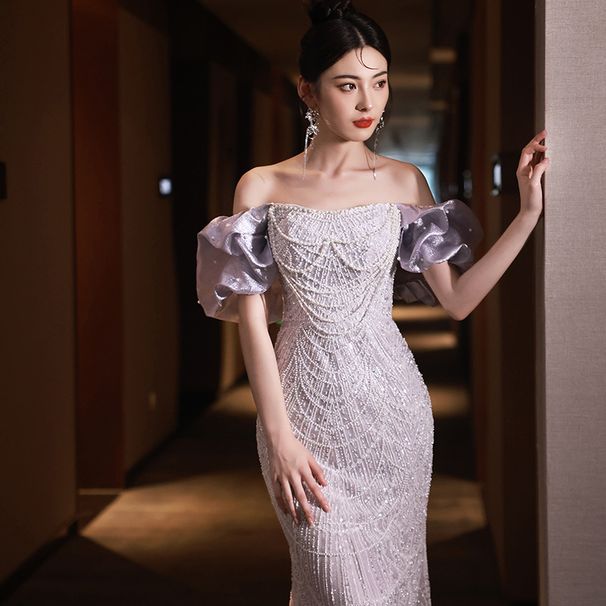 Women's Clothing Purple Fishtail Evening Dress New Heavy Pearl French Host One Shoulder Toast Dress Light Wedding Dress_ecoleips.com